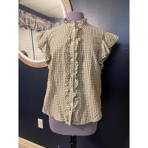 Veronica Beard Jeans Gingham Ruffle Mock Neck Flutter Sleeve Button Up Shirt  L